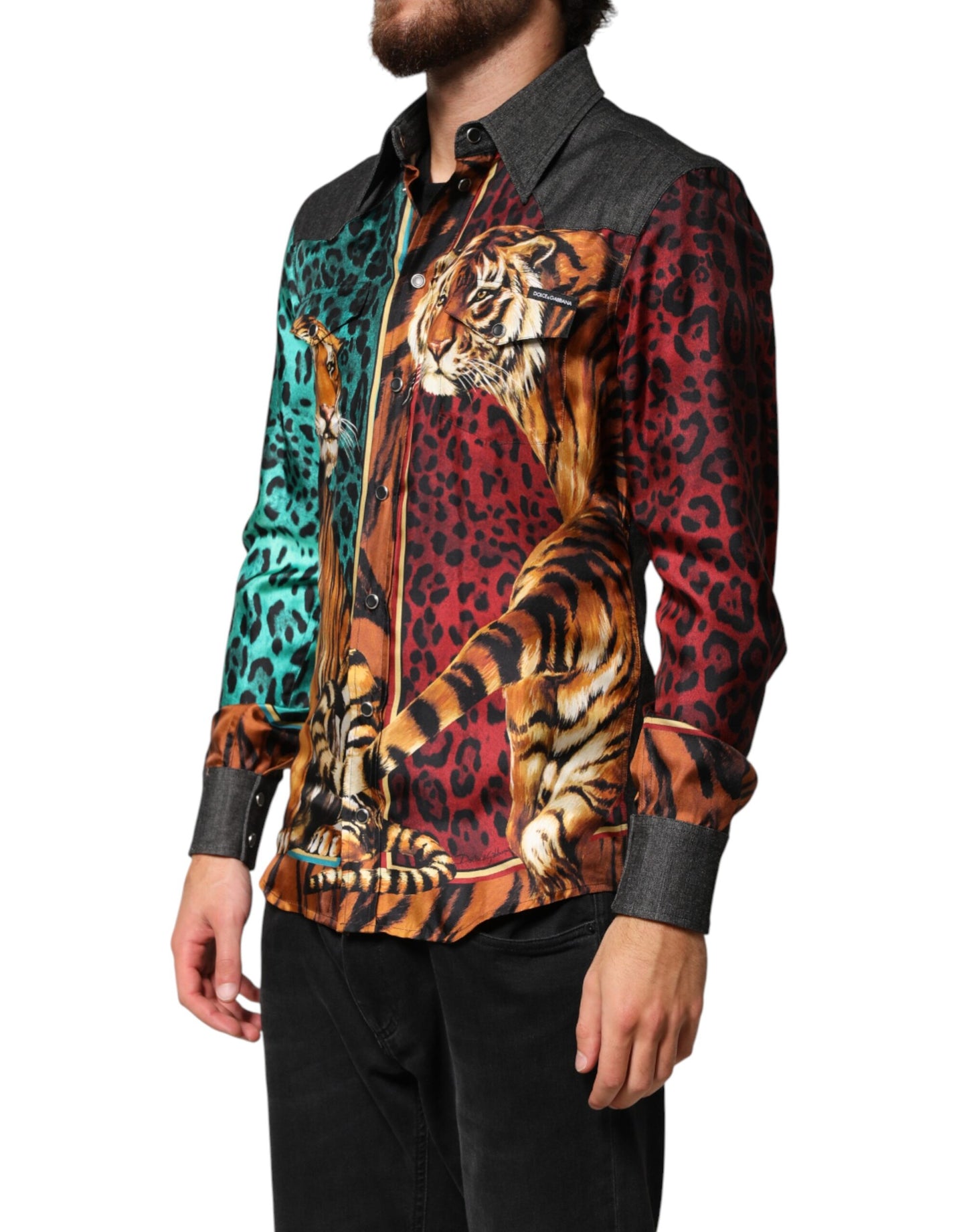 Chemise homme en soie Dolce &amp; Gabbana à imprimé léopard et tigre multicolore