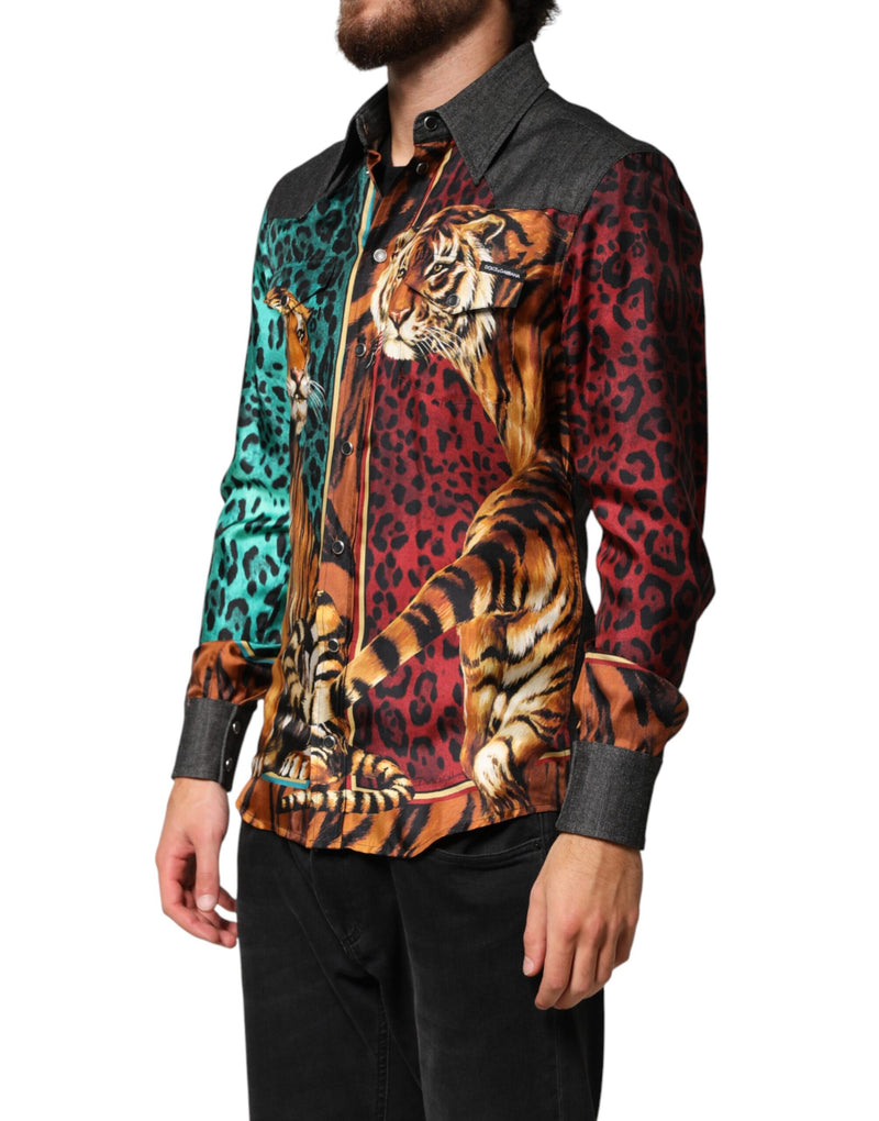 Chemise homme en soie Dolce &amp; Gabbana à imprimé léopard et tigre multicolore
