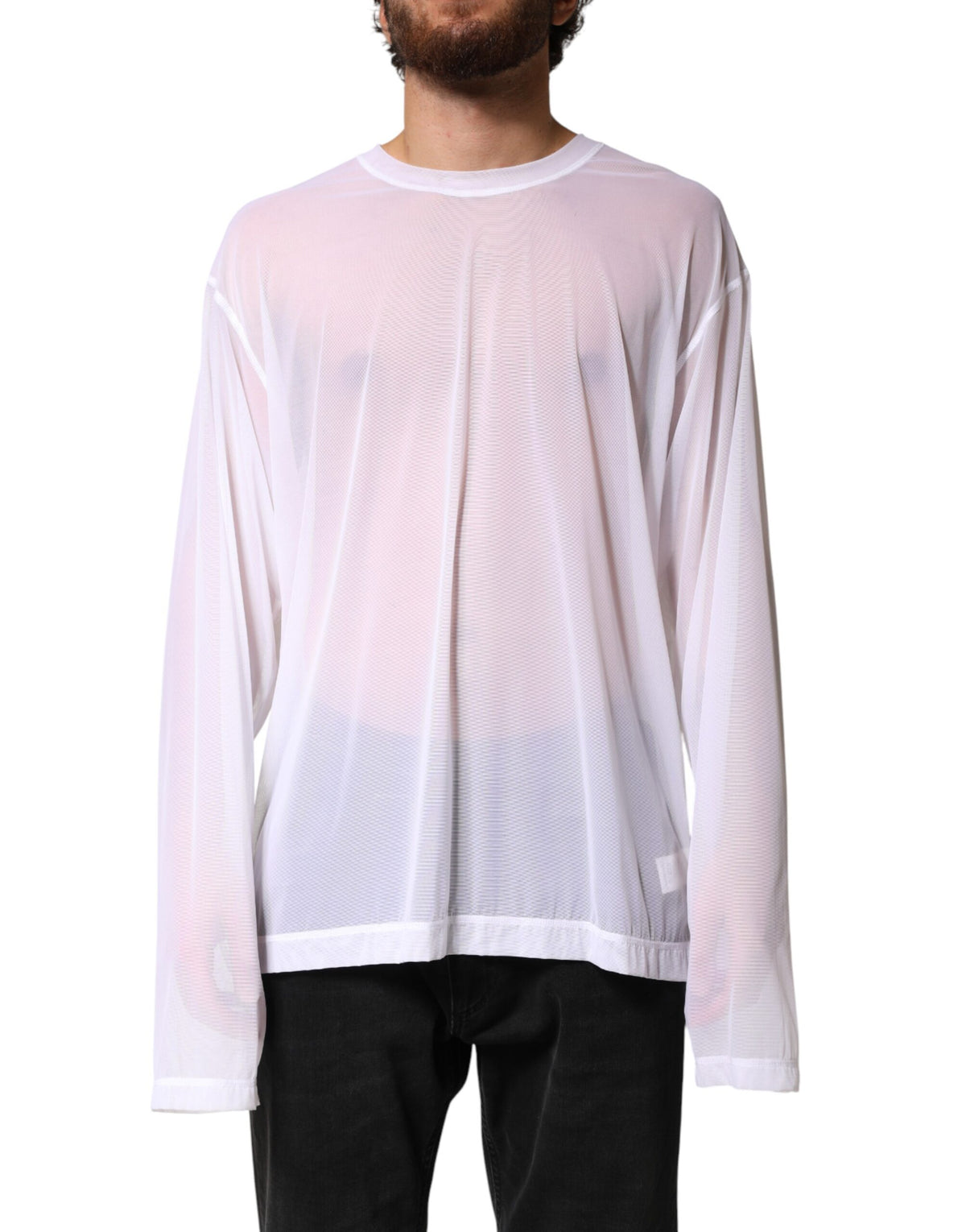 T-shirt Dolce &amp; Gabbana blanc en nylon à manches longues et col rond