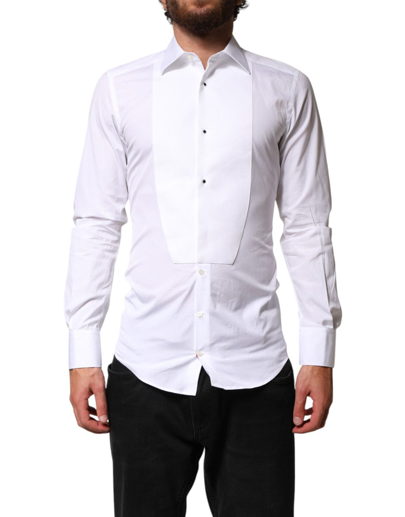 Chemise habillée Dolce &amp; Gabbana blanche en coton à col doré et plastron.