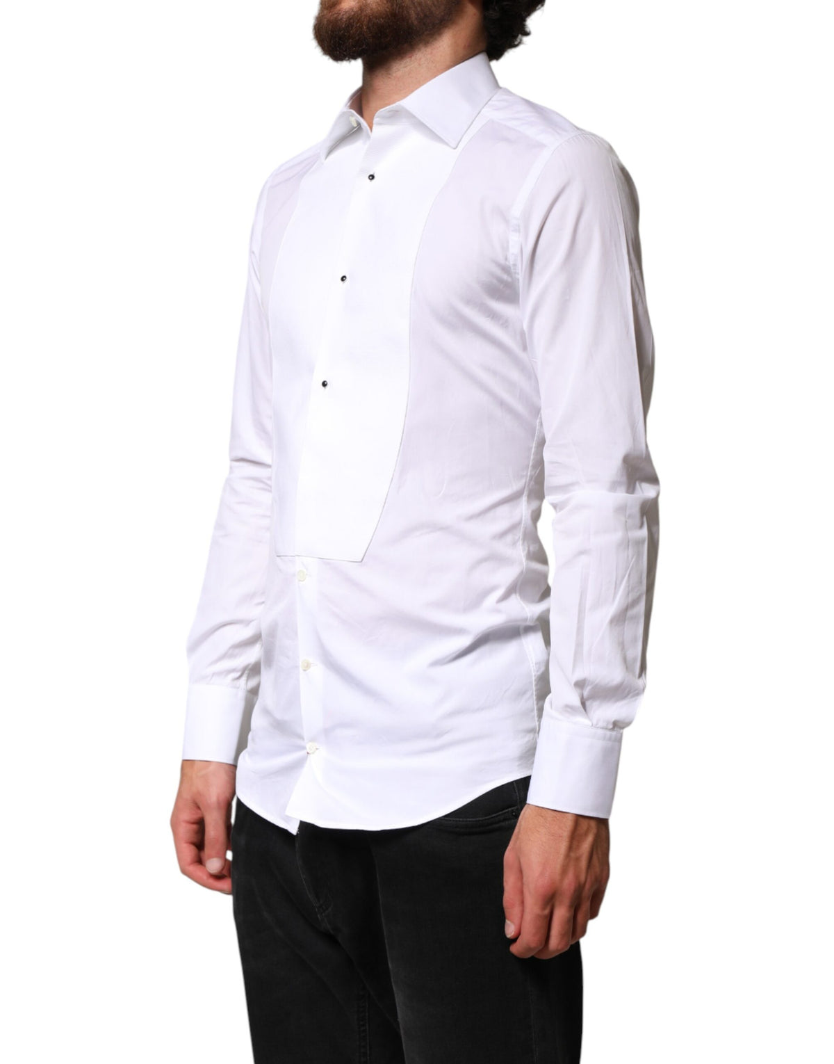 Chemise habillée Dolce &amp; Gabbana blanche en coton à col doré et plastron.