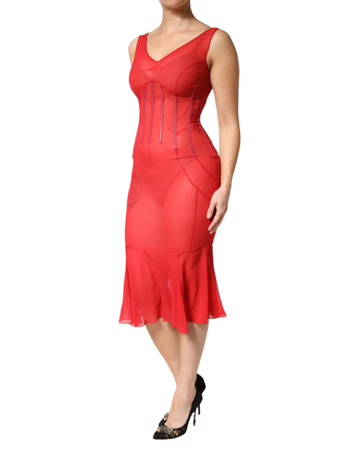Dolce & Gabbana Robe Midi Sans Manches V en Soie Rouge