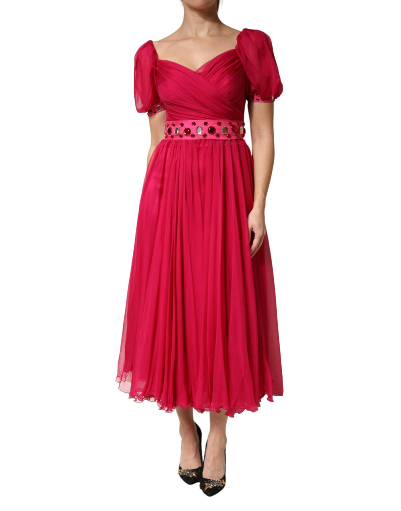 Dolce & Gabbana Pink Silk Embellished A-line Midi Dress