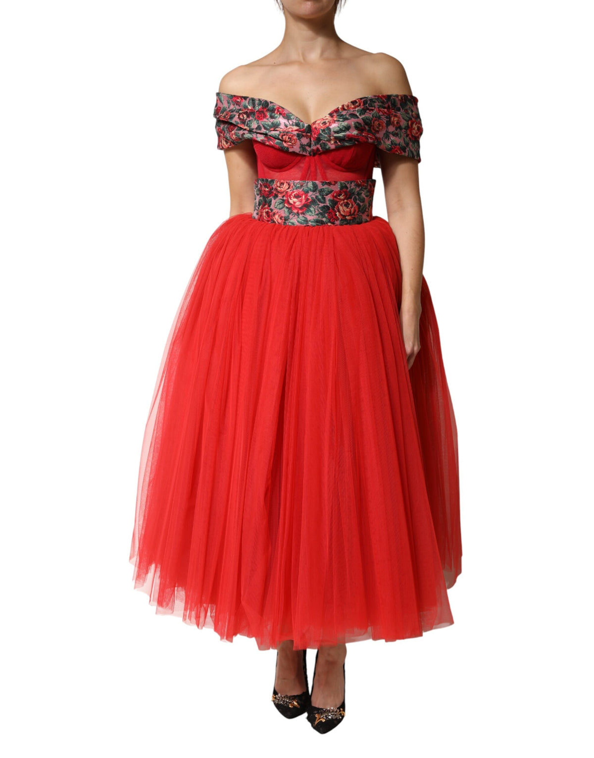 Dolce & Gabbana Robe A-ligne Rouge Fleurie Off-Shoulder