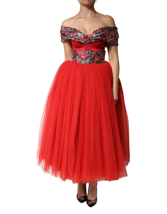 Dolce & Gabbana Robe A-ligne Rouge à Fleurs Off-Shoulder