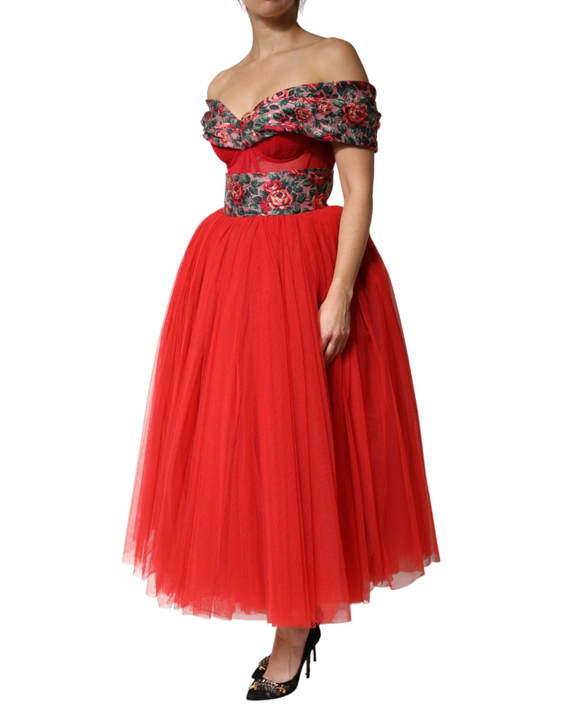 Dolce & Gabbana Robe A-ligne Rouge Fleurie Off-Shoulder