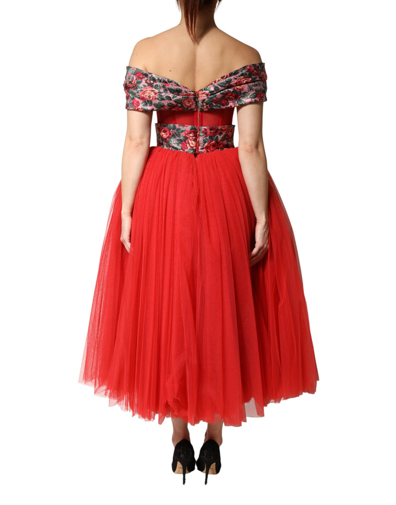 Dolce & Gabbana Robe A-ligne Rouge Fleurie Off-Shoulder