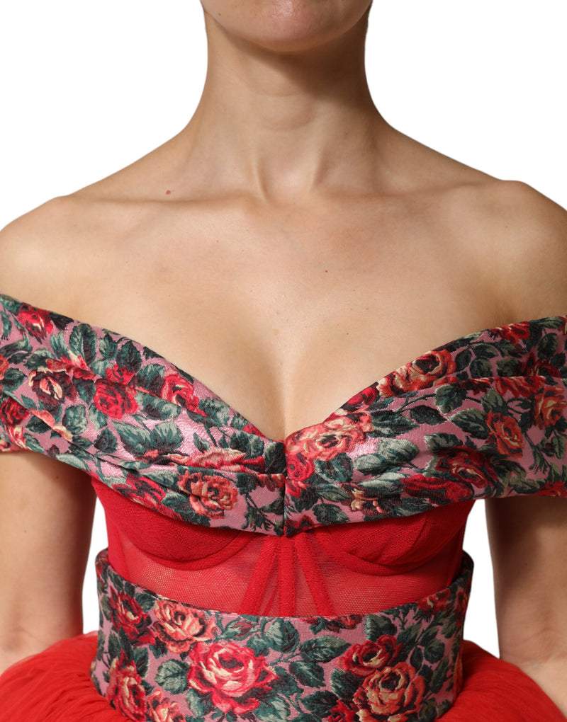 Dolce & Gabbana Robe A-ligne Rouge Fleurie Off-Shoulder
