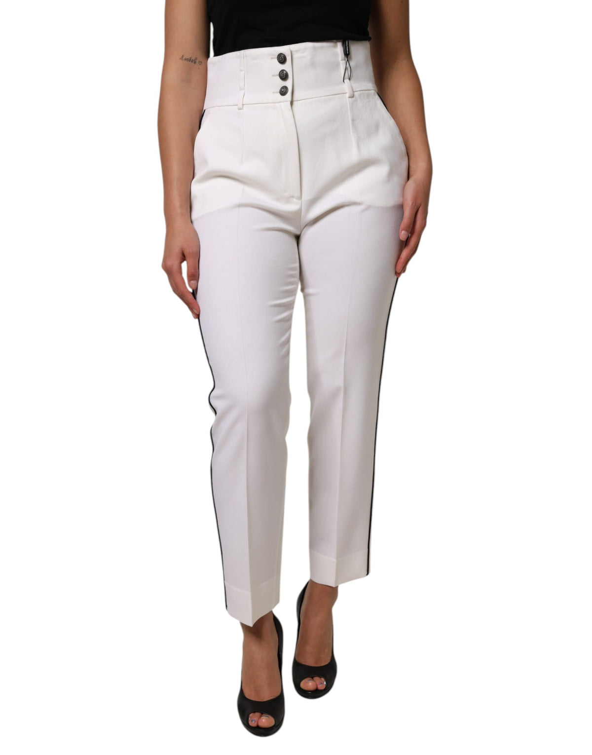 Dolce & Gabbana Pantalon Tapered en Laine Blanche Taille Haute