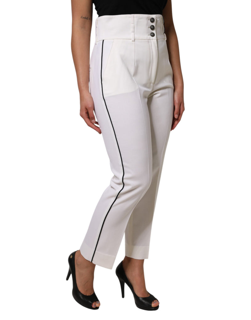 Dolce & Gabbana Pantalon Tapered en Laine Blanche Taille Haute