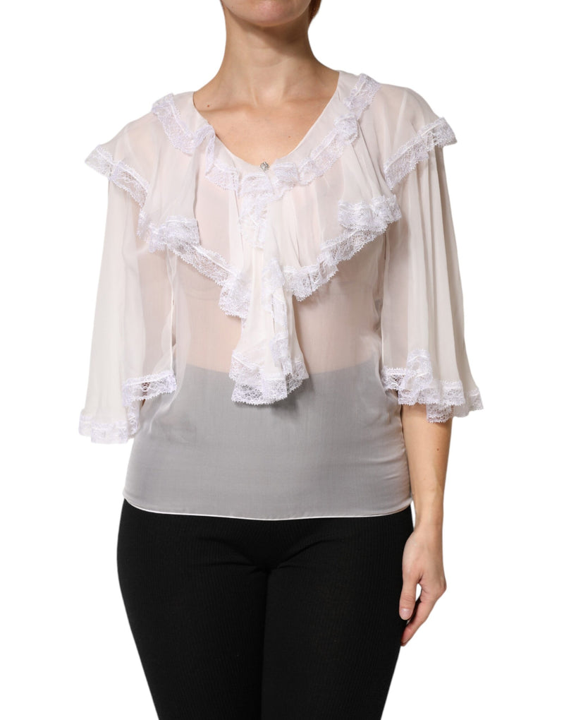 Dolce & Gabbana White Ruffled Lace Long Sleeve Blouse Top