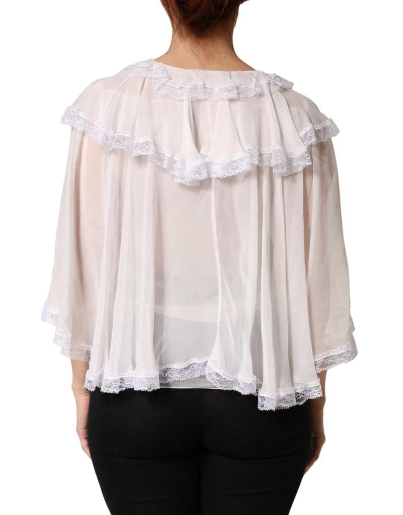 Dolce & Gabbana White Ruffled Lace Long Sleeve Blouse Top