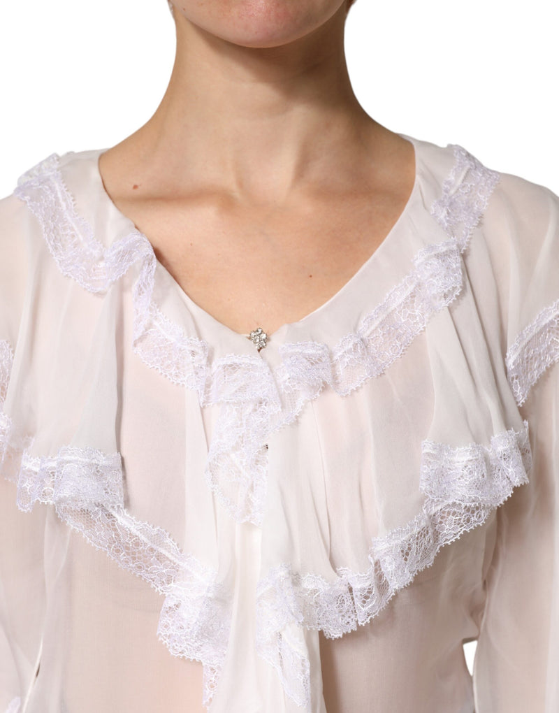 Dolce & Gabbana White Ruffled Lace Long Sleeve Blouse Top
