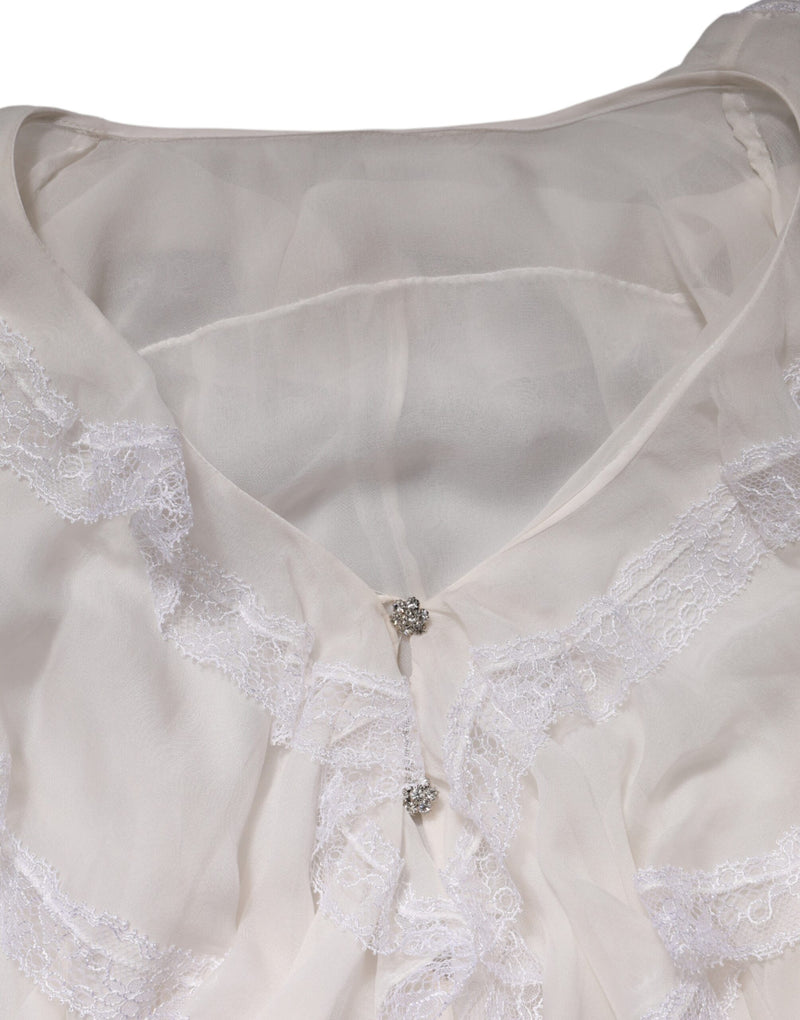 Dolce & Gabbana White Ruffled Lace Long Sleeve Blouse Top