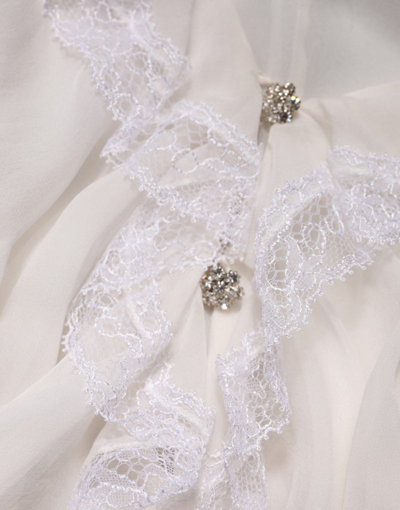 Dolce & Gabbana White Ruffled Lace Long Sleeve Blouse Top