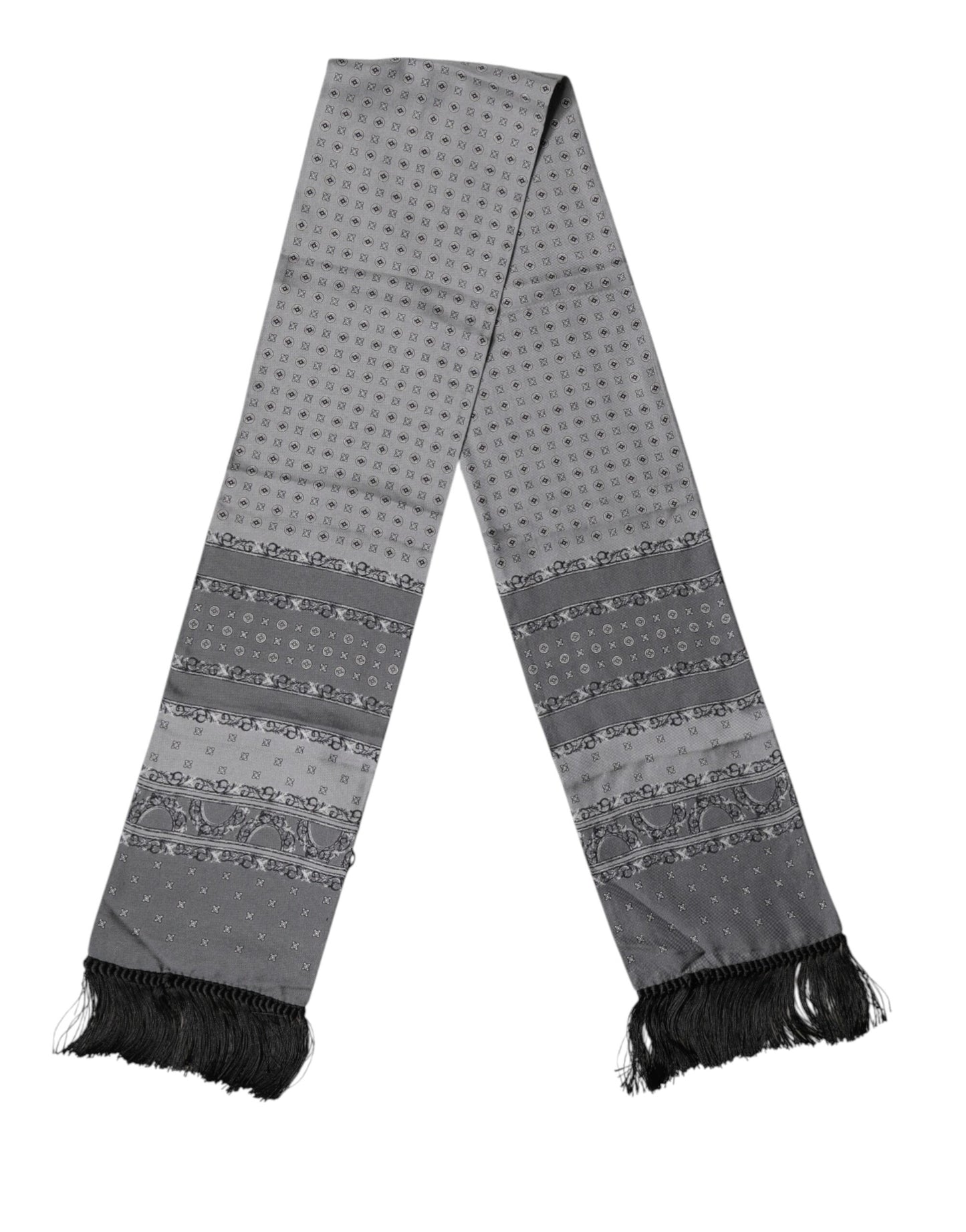 Dolce & Gabbana Gray Patterned Fringes Neck Foulard Scarf