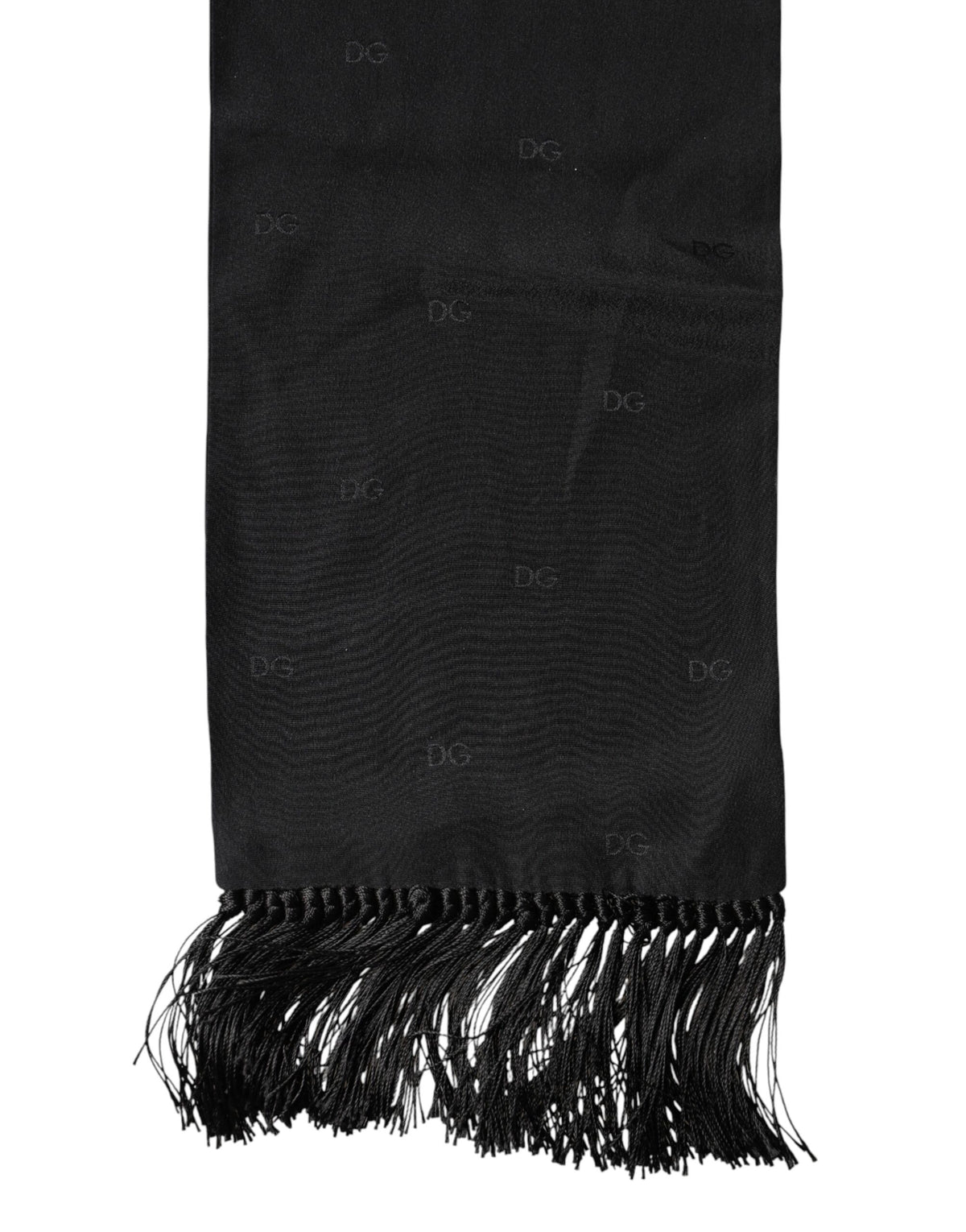 Foulard Dolce &amp; Gabbana en soie noire à franges et logo, avec tour de cou et écharpe.