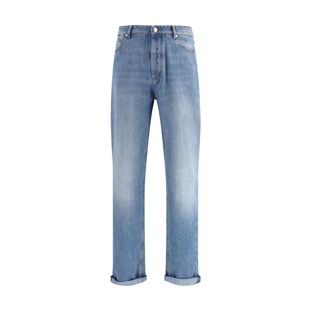 Brunello Cucinelli Jeans en Coton Bleu Clair à Jambes Droites
