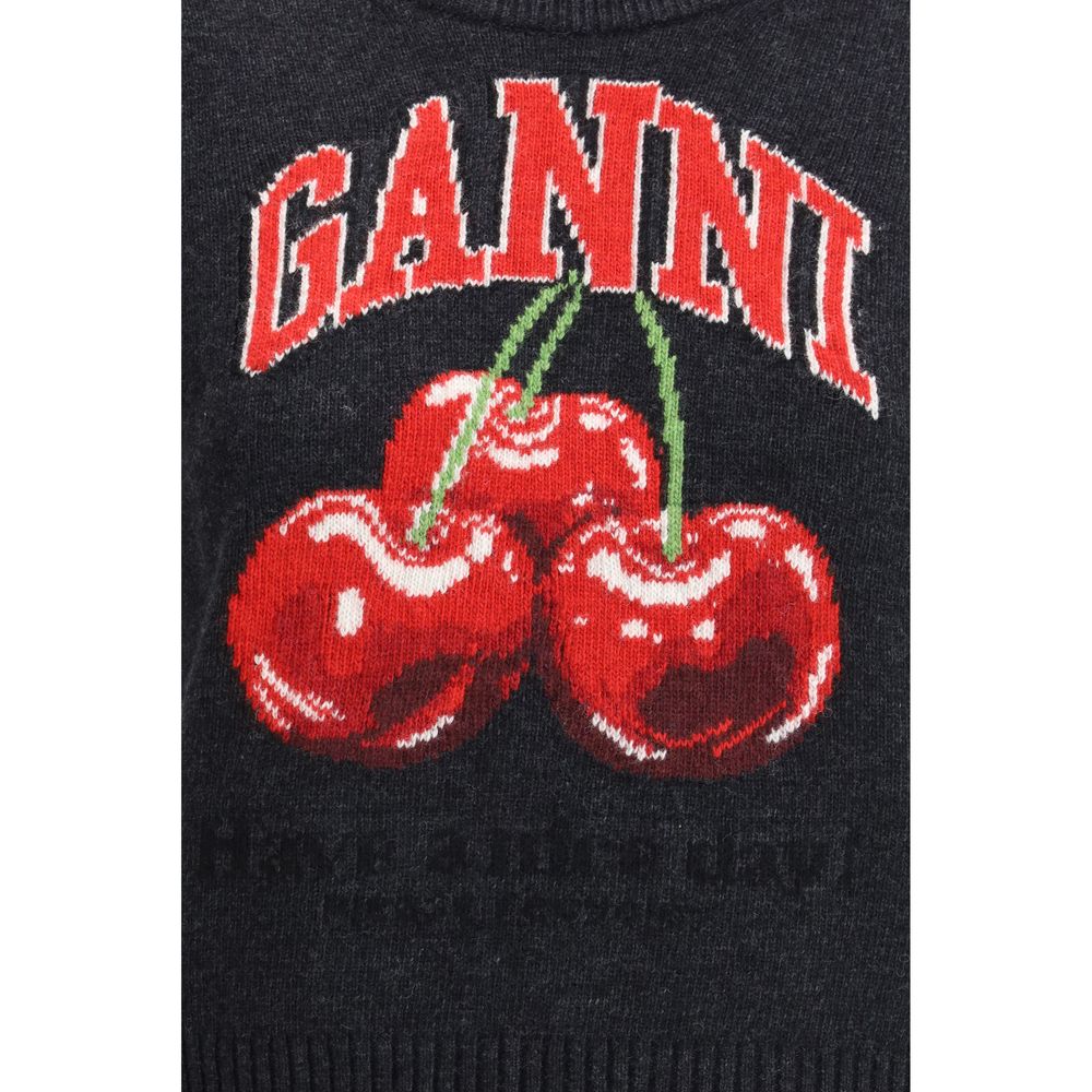 Ganni Black Wool Sweatshirt with Cherry Print