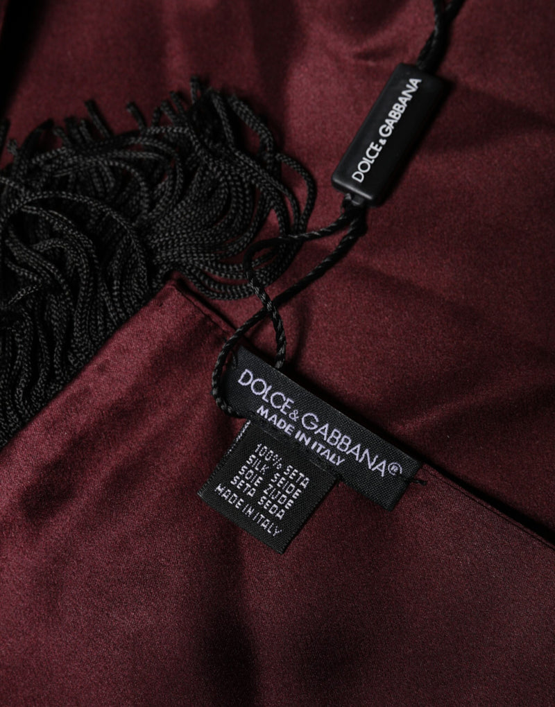 Dolce & Gabbana Maroon Silk Satin Fringes Neck Foulard Scarf