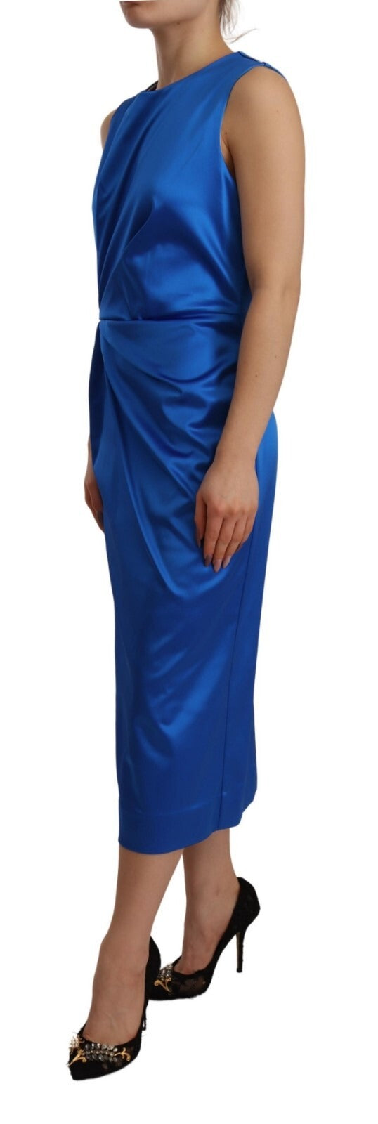 Robe fourreau midi sans manches à col rond en acétate Parosh bleu royal
