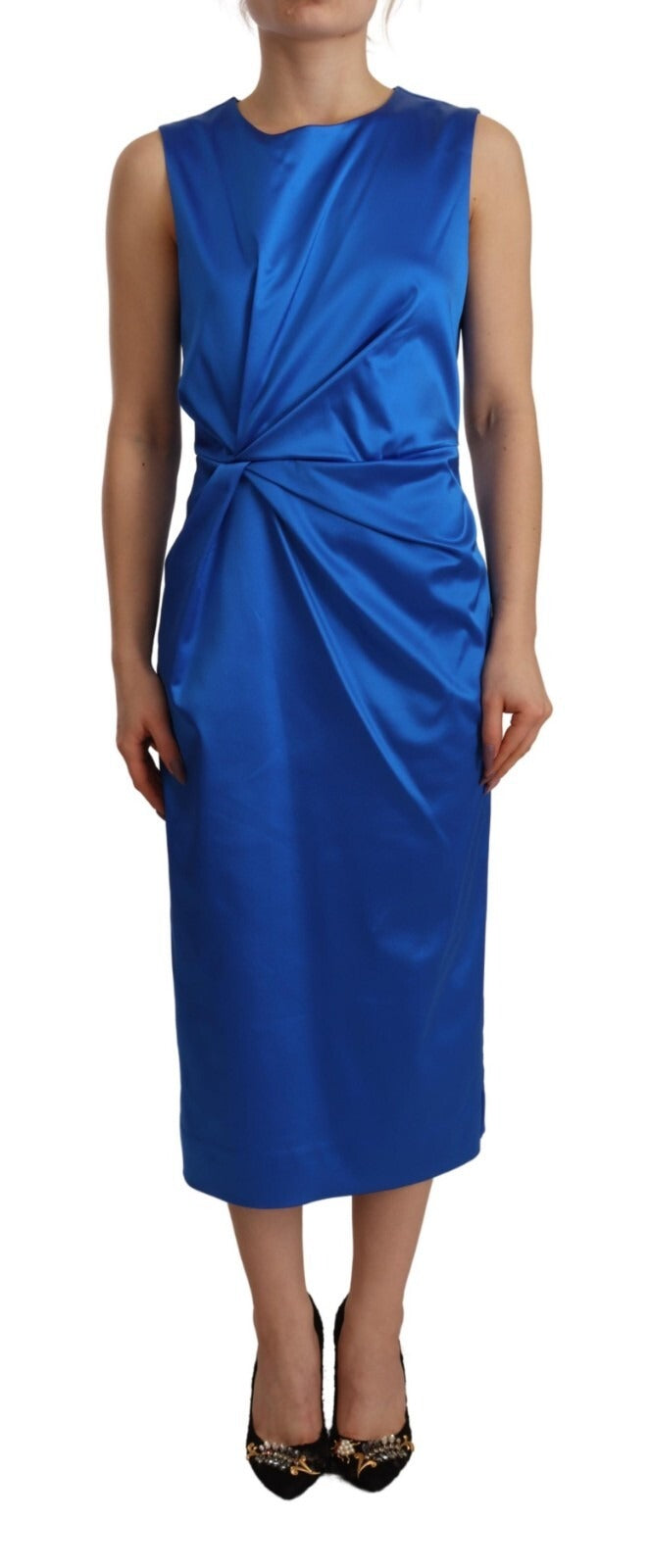 Robe fourreau midi sans manches à col rond en acétate Parosh bleu royal