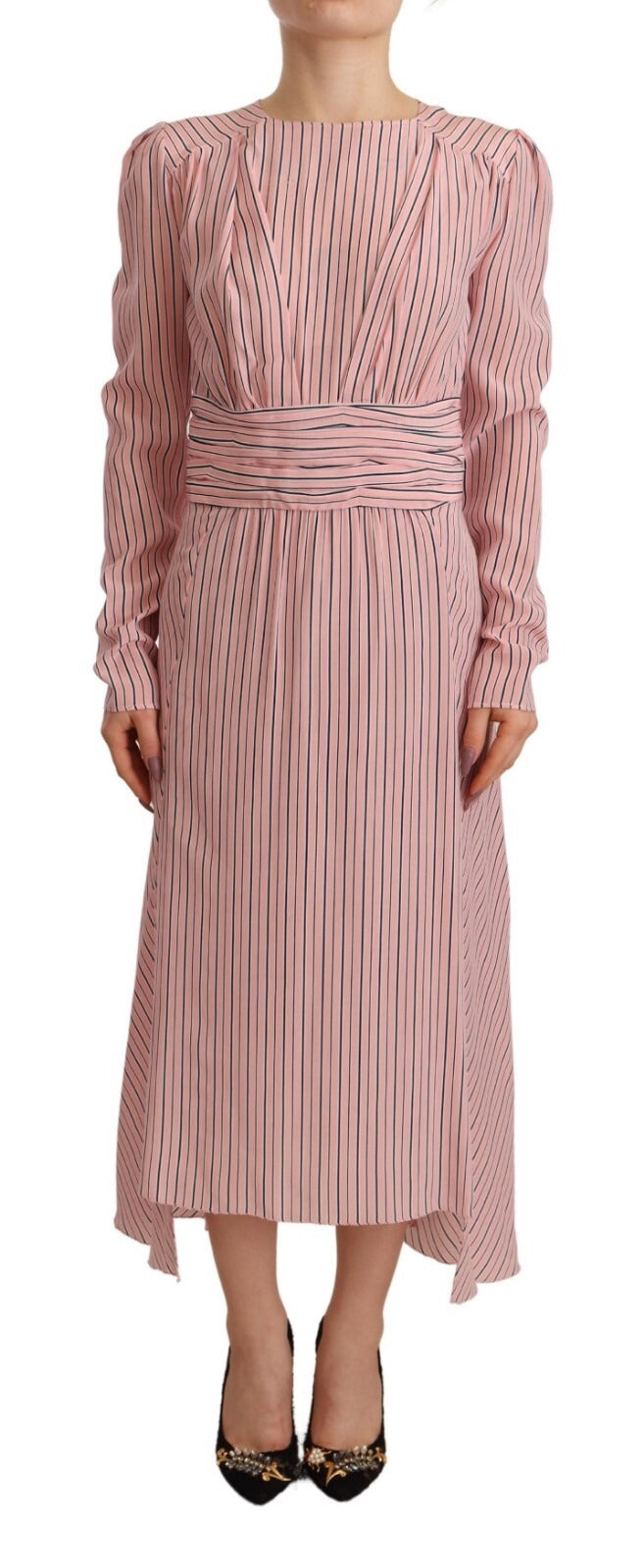 Robe Midi Sheath à Rayures Roses à Manches Longues Ermanno Scervino