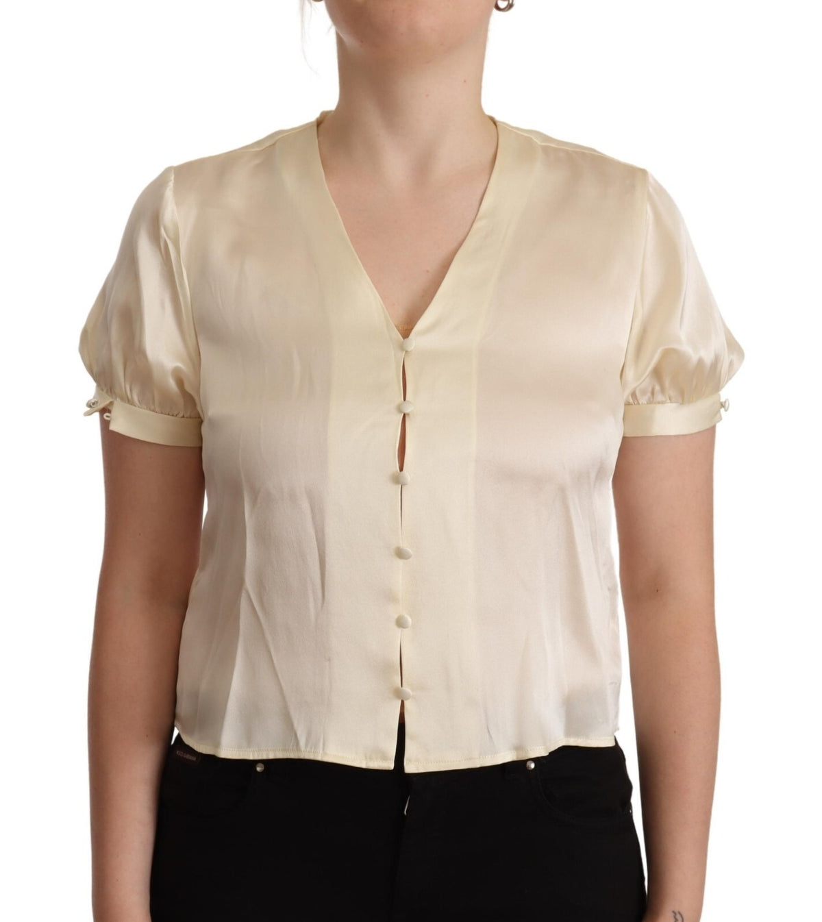 L'Autre Chose Off White Silk Short Sleeves V-neck Top