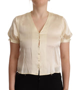 L'Autre Chose Off White Silk Short Sleeves V-neck Top