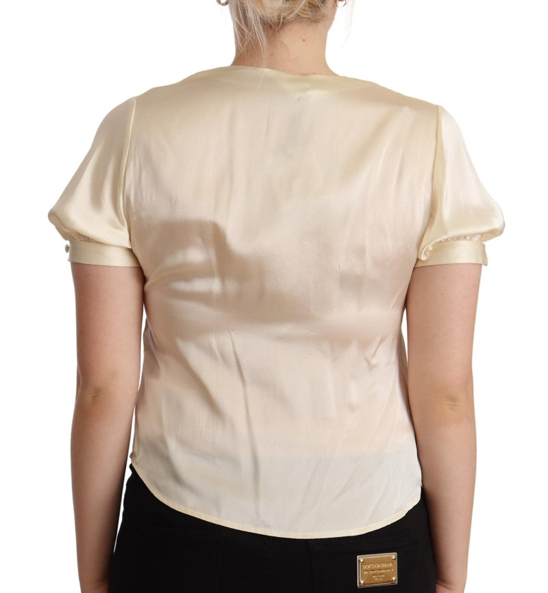L'Autre Chose Off White Silk Short Sleeves V-neck Top
