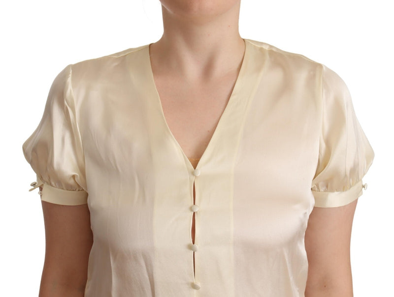 L'Autre Chose Off White Silk Short Sleeves V-neck Top
