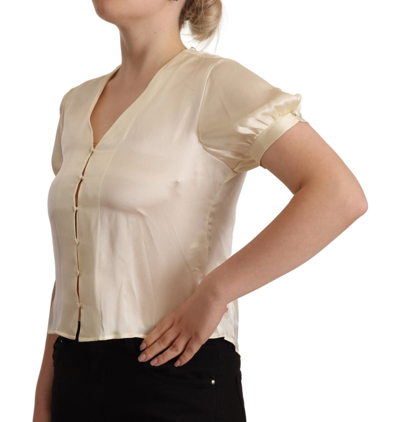 L'Autre Chose Off White Silk Short Sleeves V-neck Top