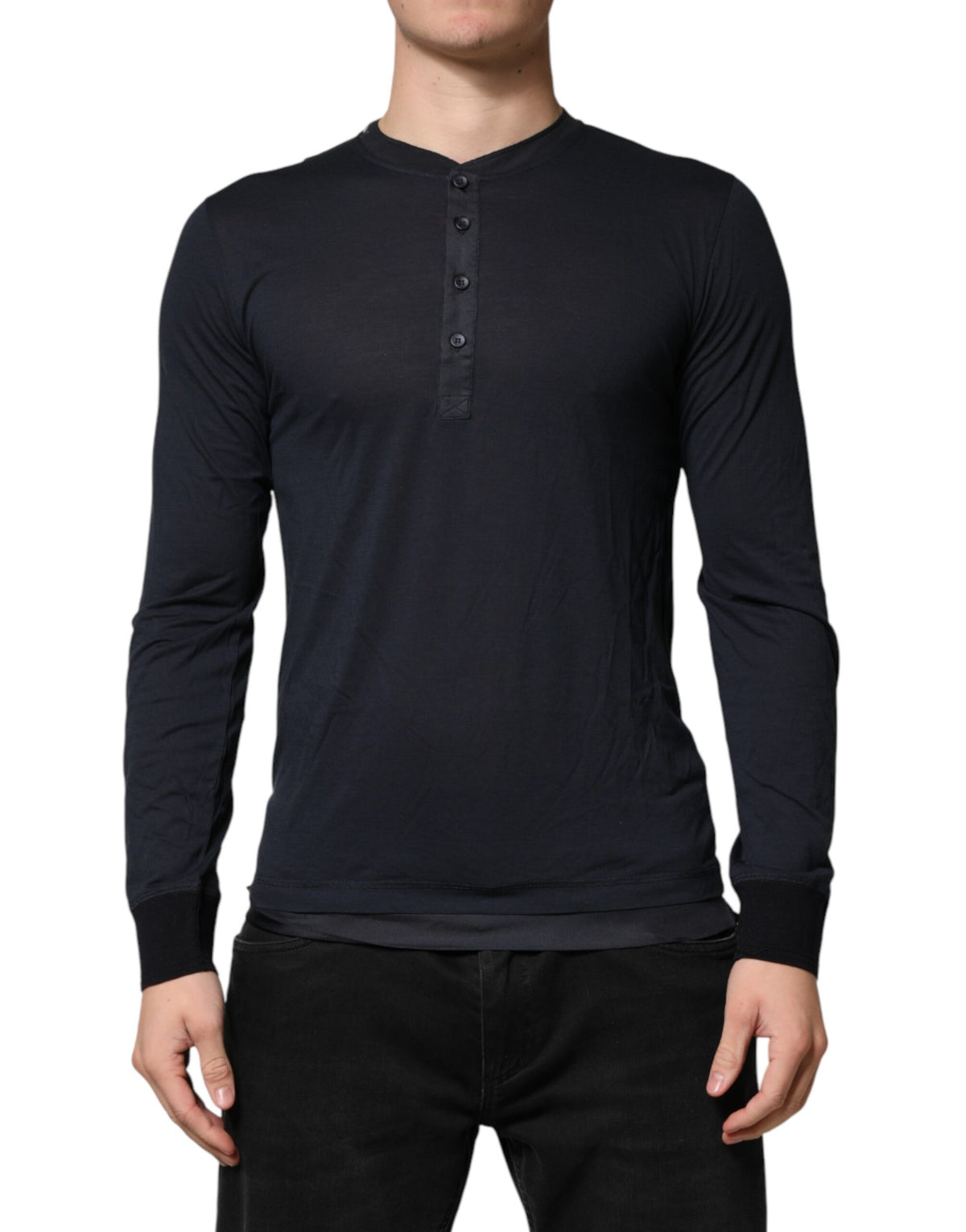 T-shirt à manches longues Henley en coton bleu foncé Dolce &amp; Gabbana