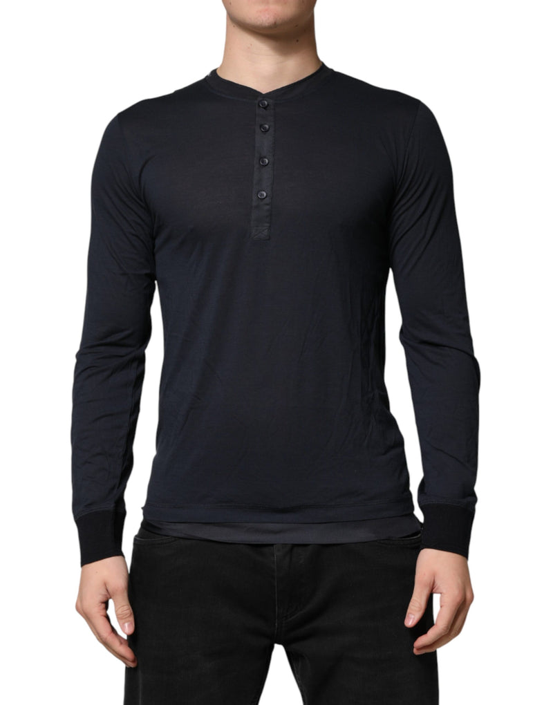 Dolce & Gabbana Donkerblauwe katoenen Henley T-shirt met lange mouwen
