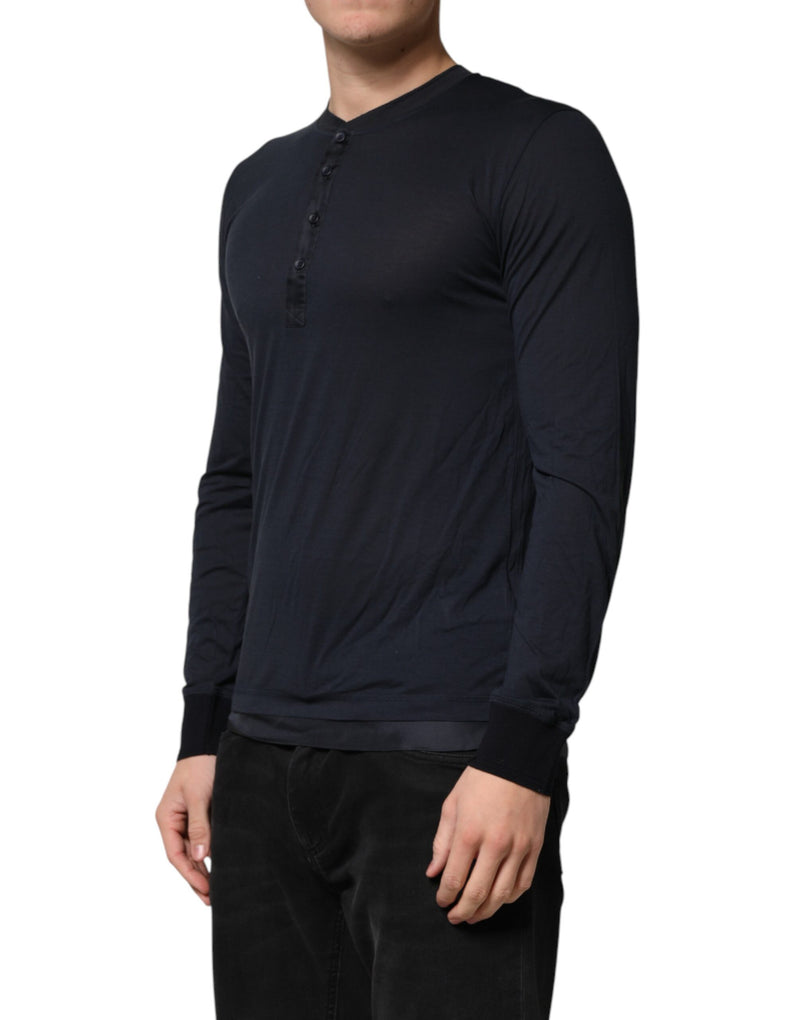 Dolce & Gabbana Donkerblauwe katoenen Henley T-shirt met lange mouwen
