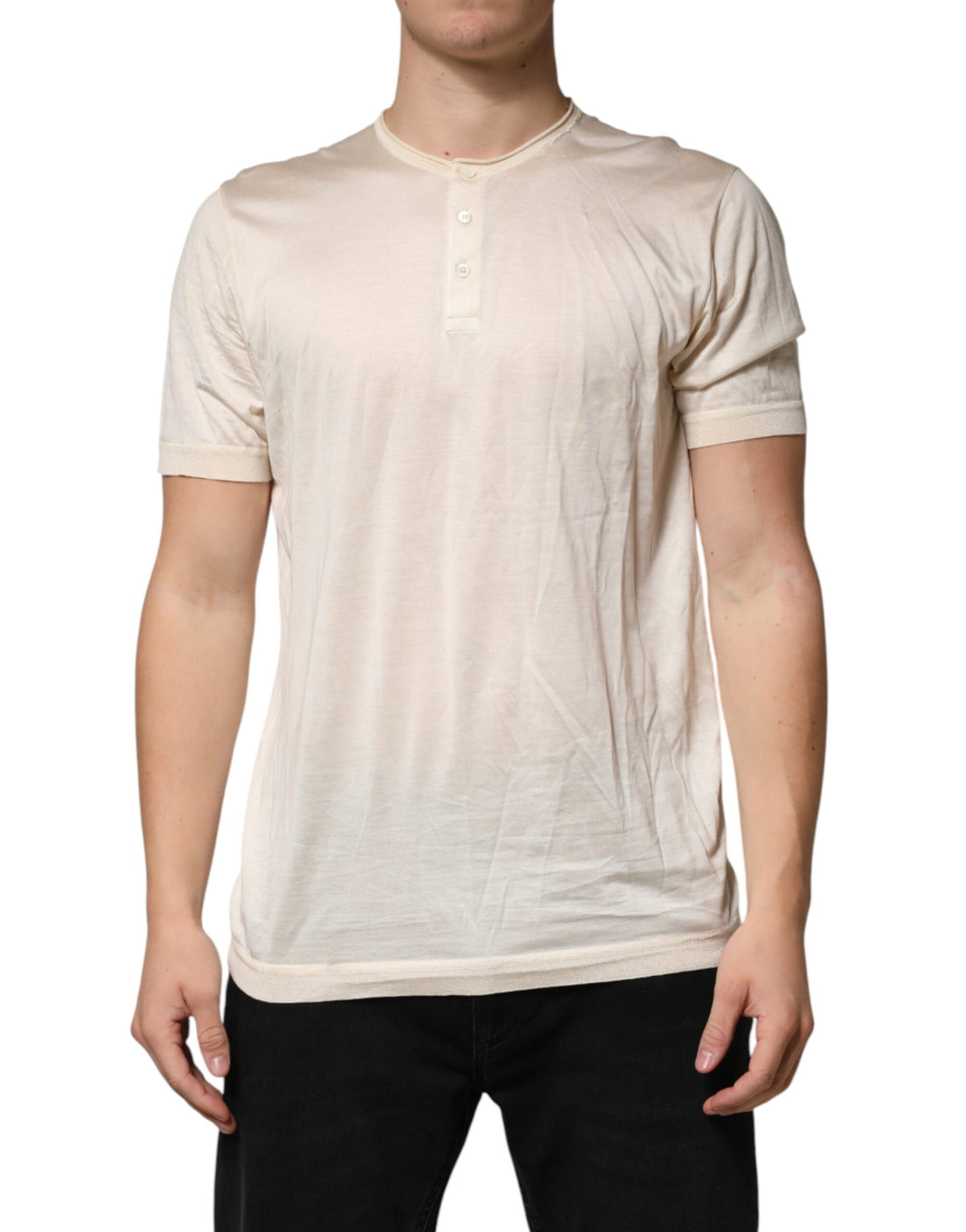 T-shirt Henley Dolce &amp; Gabbana blanc cassé en mélange de coton pour homme