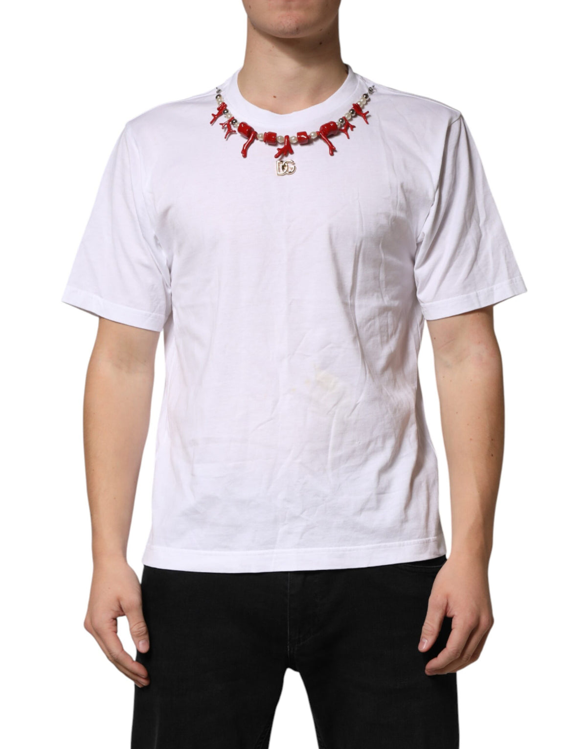 T-shirt blanc en coton Dolce &amp; Gabbana orné de colliers