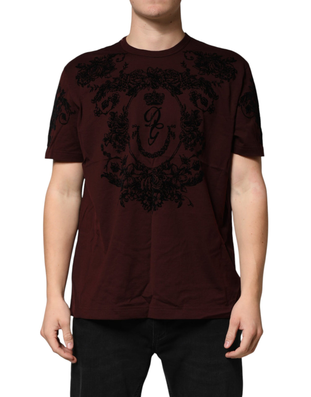 T-shirt homme Dolce &amp; Gabbana à col rond, motif floral et couronne DG, couleur bordeaux.