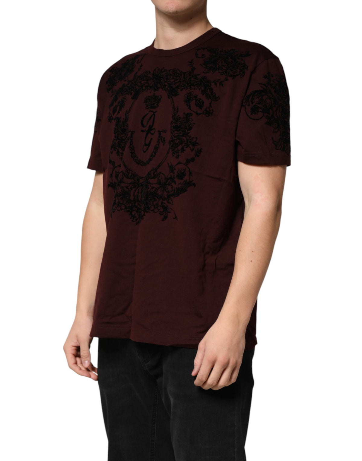 T-shirt homme Dolce &amp; Gabbana à col rond, motif floral et couronne DG, couleur bordeaux.