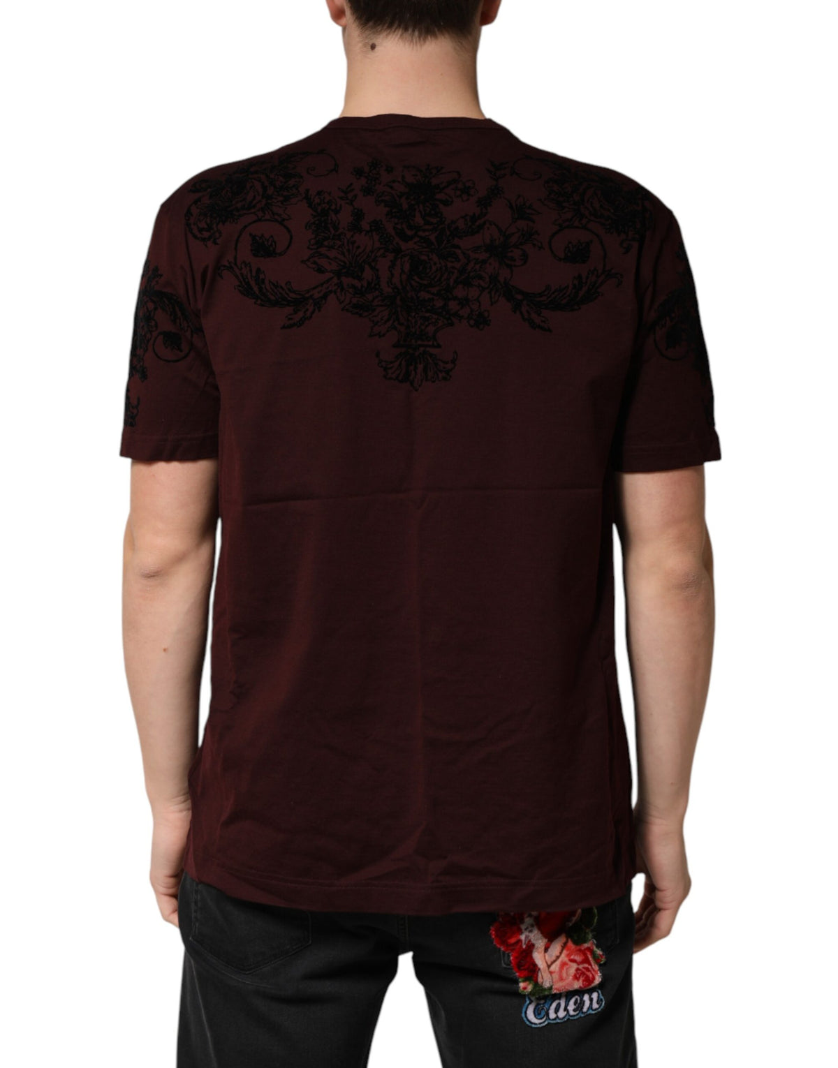 T-shirt homme Dolce &amp; Gabbana à col rond, motif floral et couronne DG, couleur bordeaux.