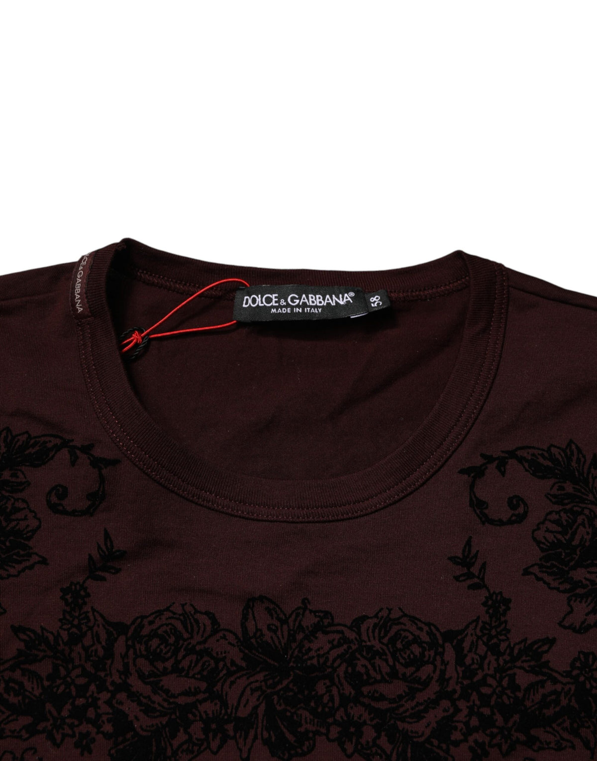T-shirt homme Dolce &amp; Gabbana à col rond, motif floral et couronne DG, couleur bordeaux.
