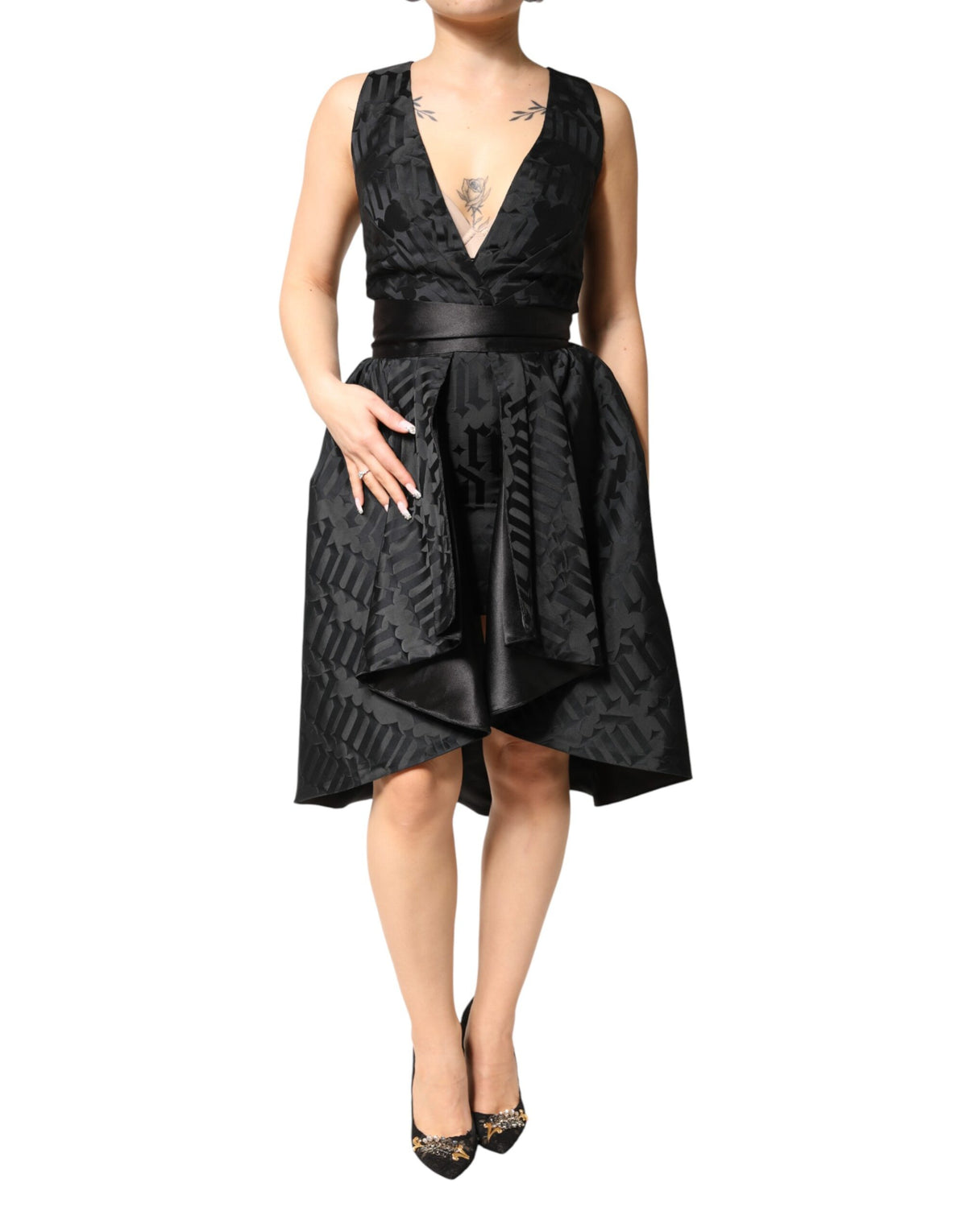 John Richmond Black Jacquard Deep V-neck Sleeveless Dress