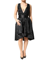 John Richmond Black Jacquard Deep V-neck Sleeveless Dress