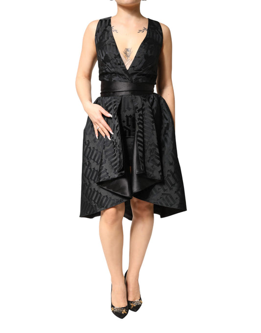 John Richmond Black Jacquard Deep V-neck Sleeveless Dress