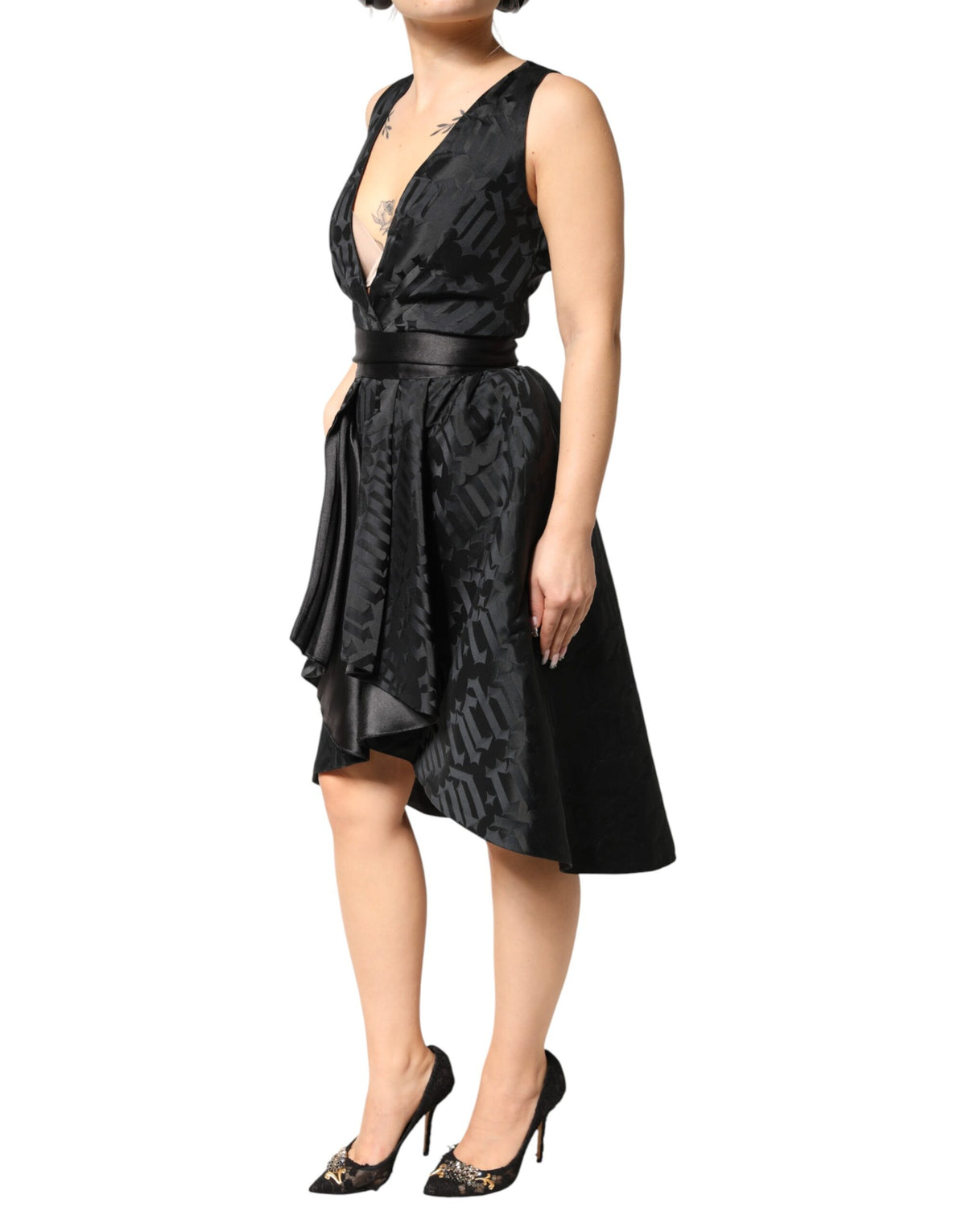 John Richmond Black Jacquard Deep V-neck Sleeveless Dress