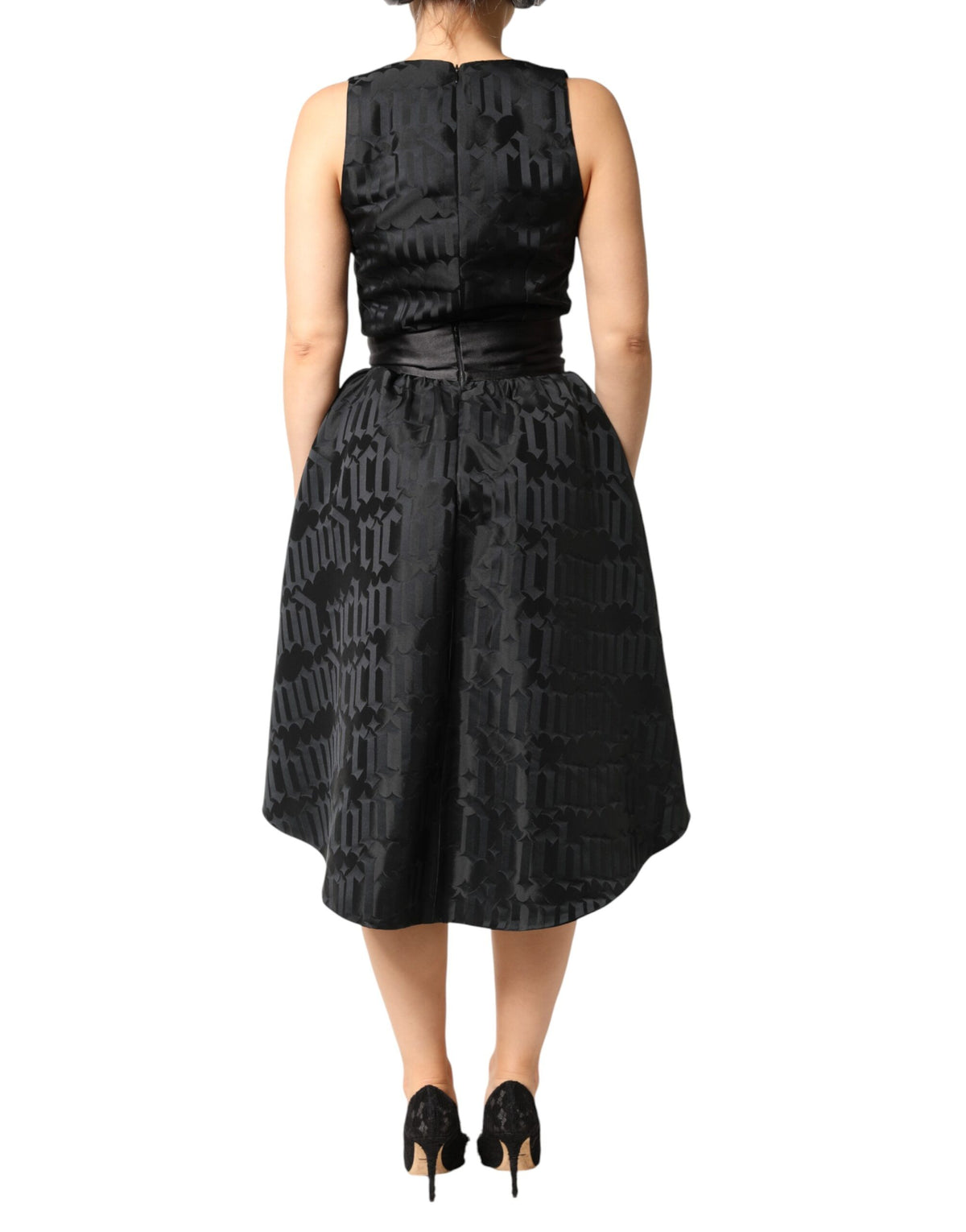 John Richmond Black Jacquard Deep V-neck Sleeveless Dress