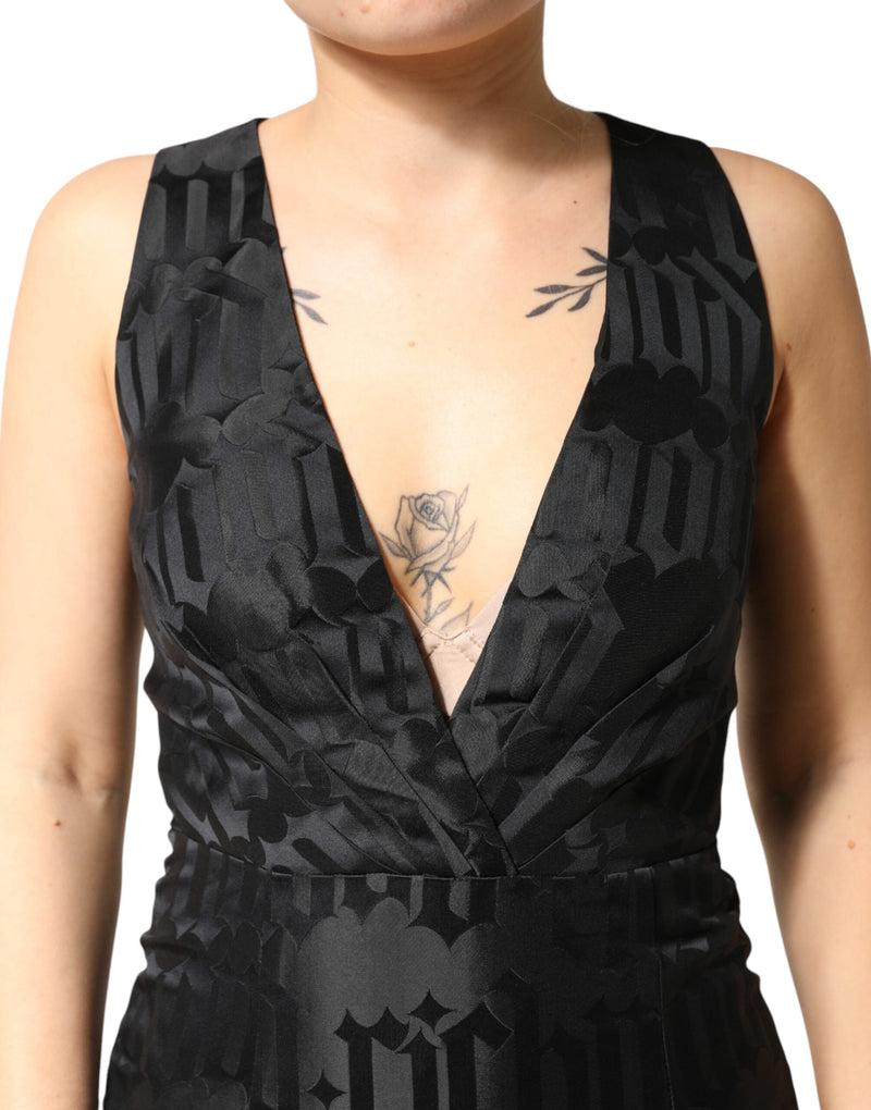 John Richmond Black Jacquard Deep V-neck Sleeveless Dress