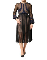 N.21 Blue Long Sleeves Sheer Silk Sheath A-line Midi Dress