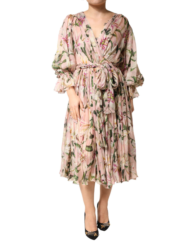 Robe Maxi Plissée A-Line à Imprimé Lys Rose de Dolce & Gabbana