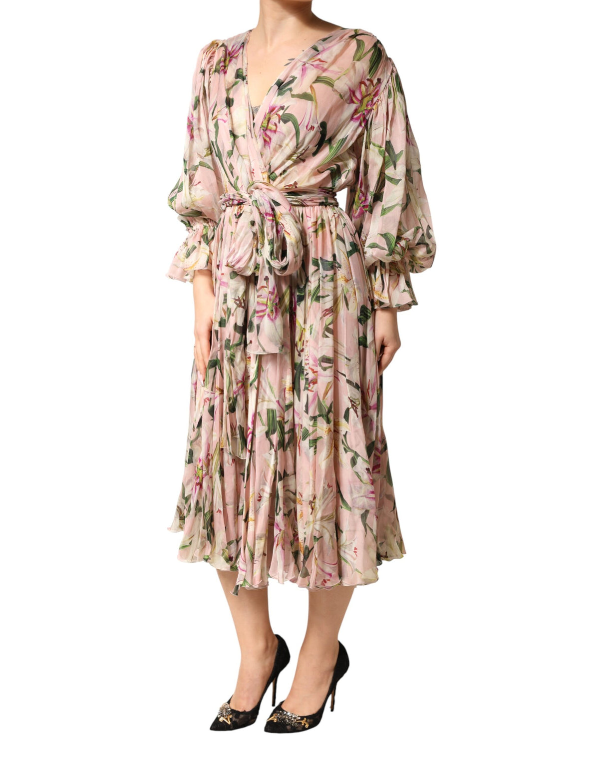 Robe Maxi Plissée A-Line à Imprimé Lys Rose de Dolce & Gabbana